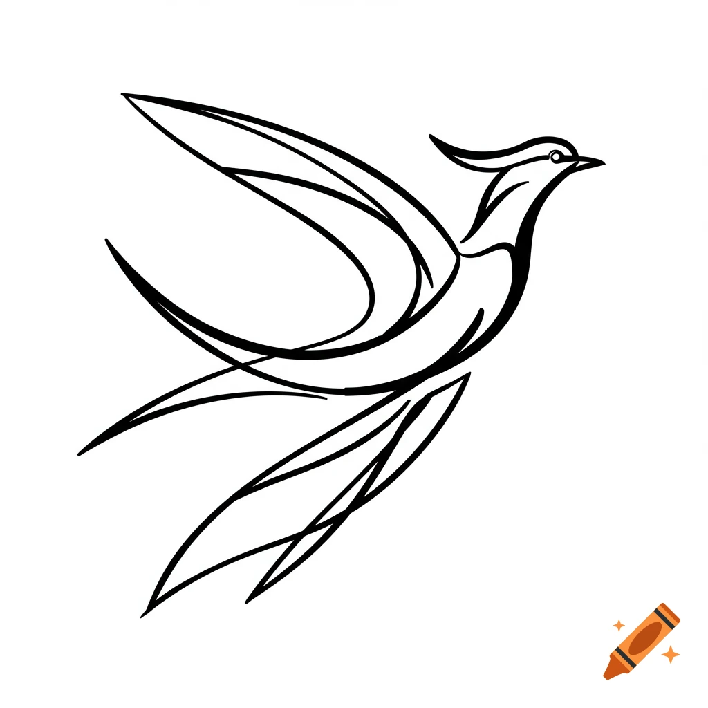 A stylized black and white line drawing of a bird in flight.