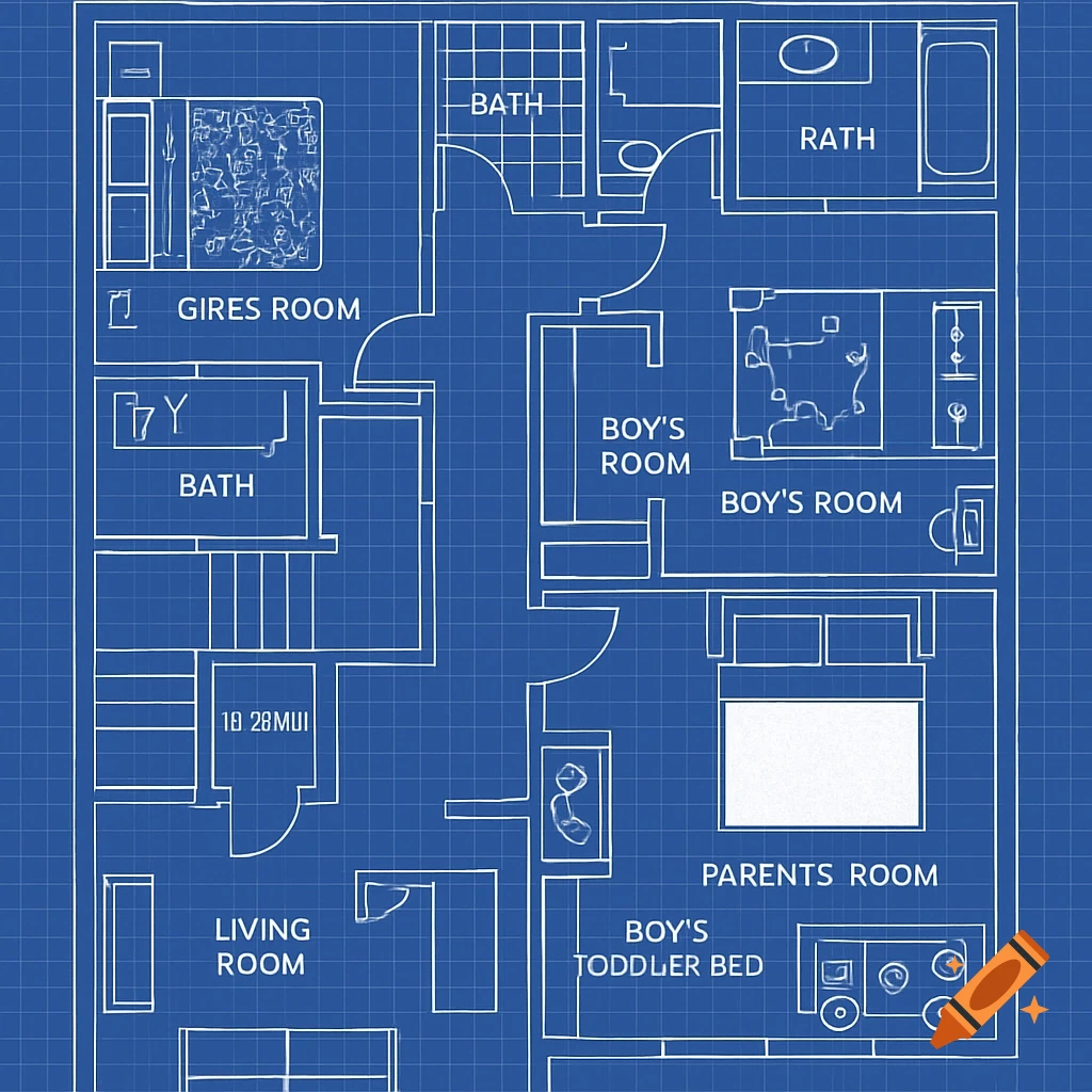 Blueprint of a house floor plan on a blue grid background.