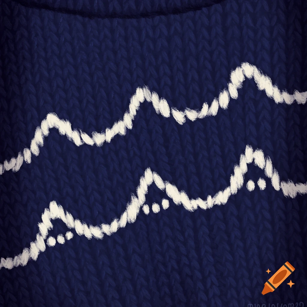 Close-up of navy blue knitted fabric with white wavy lines and dots pattern.
