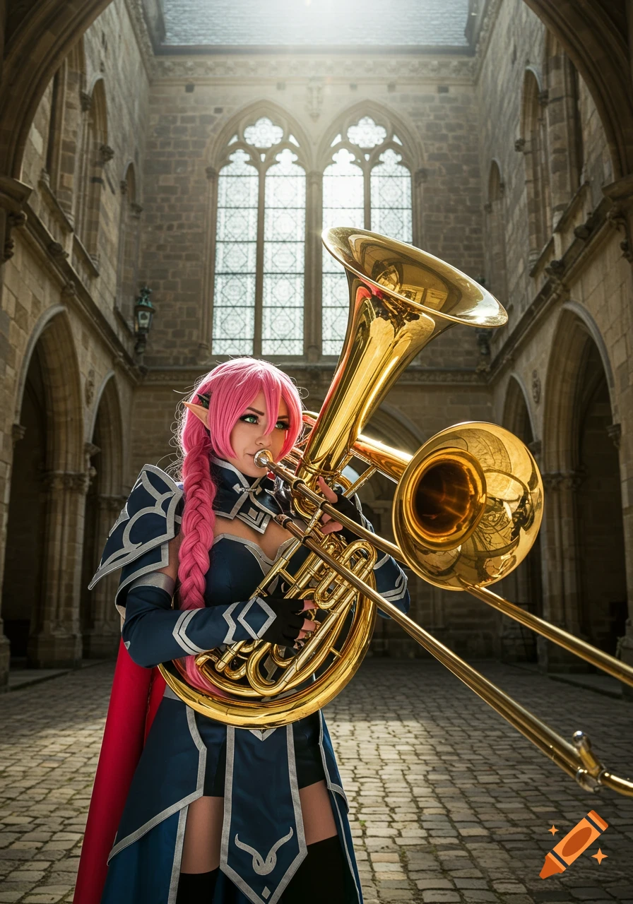 Woman in fantasy cosplay with pink hair plays a large brass instrument in a castle courtyard.