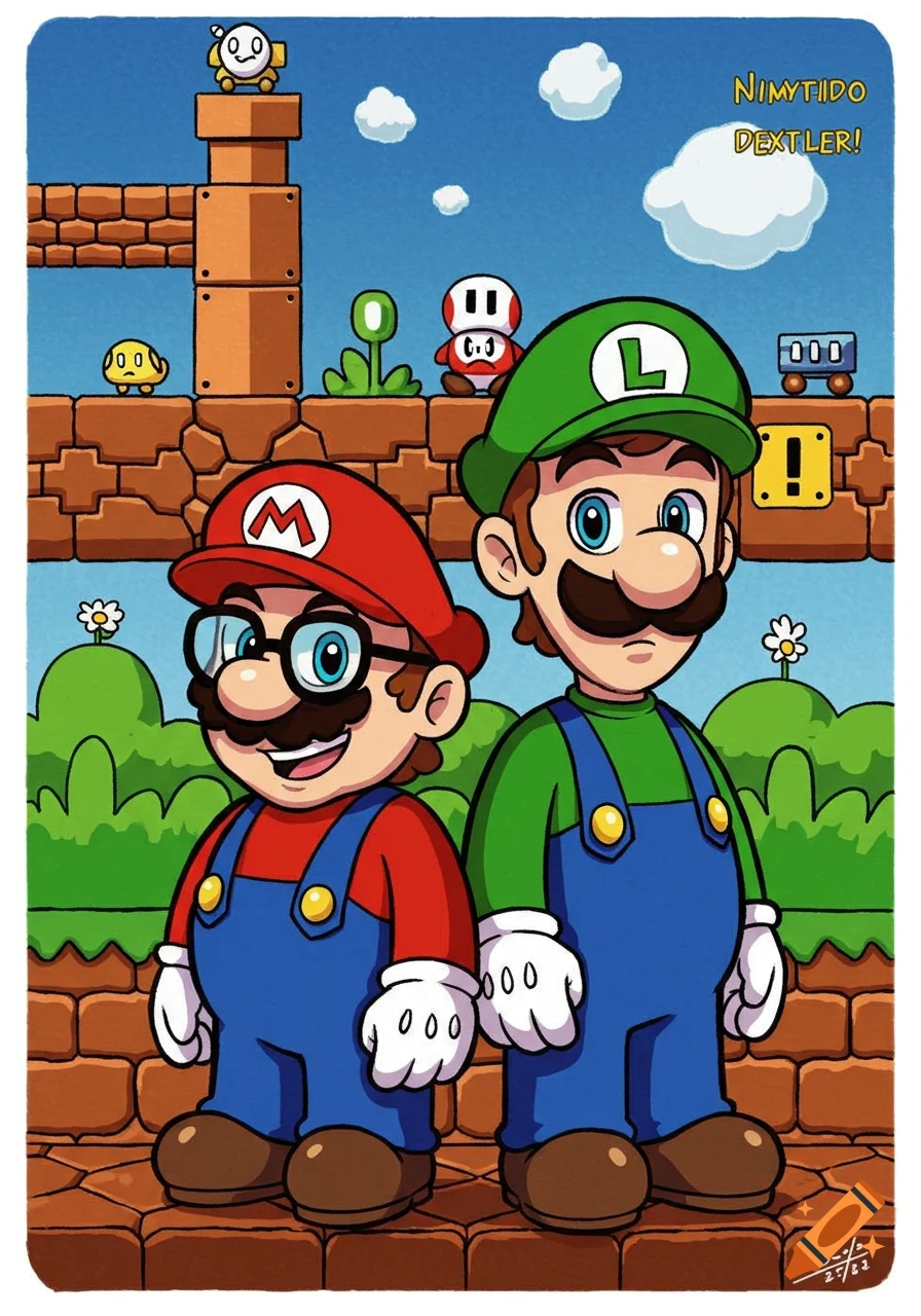 Cartoon men dressed as Mario and Luigi stand in a Super Mario level.