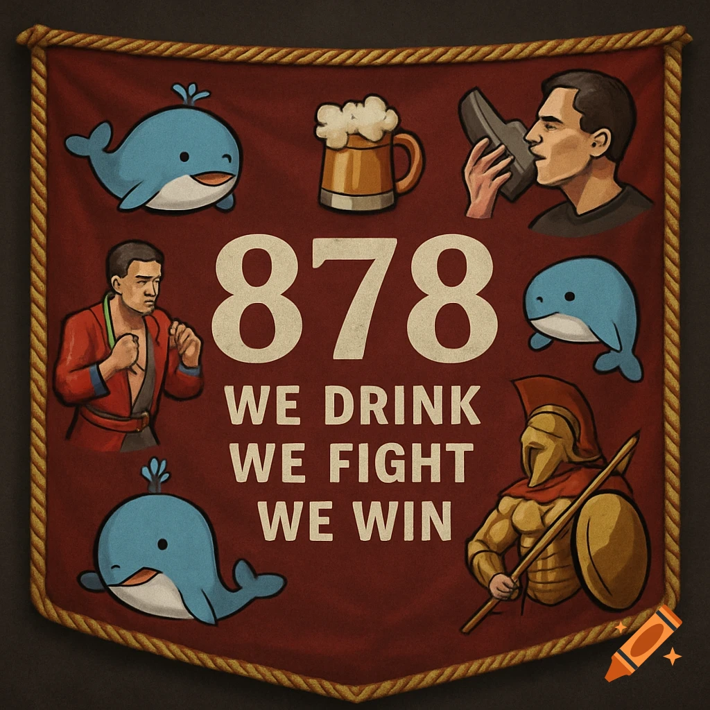 An illustrated banner with the number 878 and text WE DRINK WE FIGHT WE WIN, surrounded by cartoon whales, beer, a fighter, a Spartan, and a person drinking from a shoe.