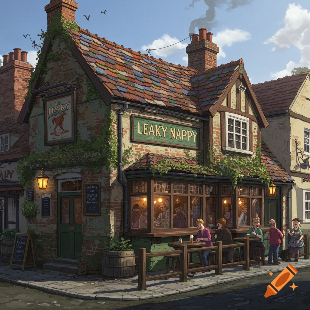 Illustration of people outside a pub called The Leaky Nappy.
