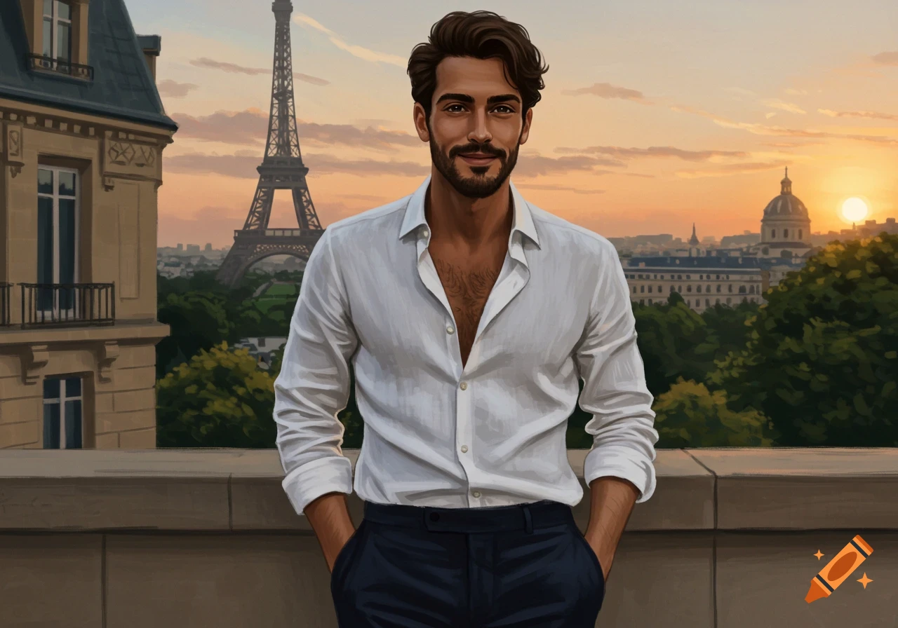 Painterly portrait of a man on a balcony overlooking Paris and the Eiffel Tower at sunset.