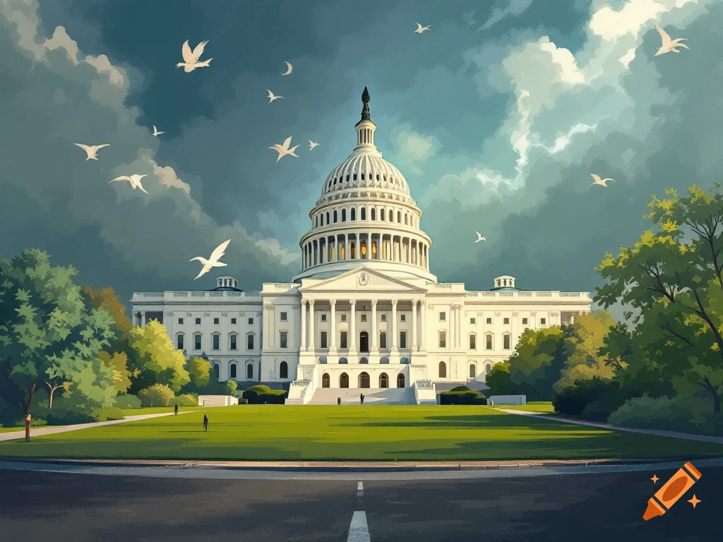 US Capitol building with trees, road, and birds flying under a dramatic sky in an illustrative style.