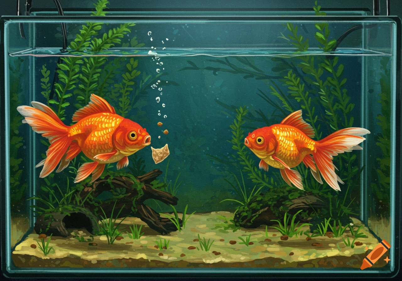 Two goldfish in a fish tank, one eating a food pellet.