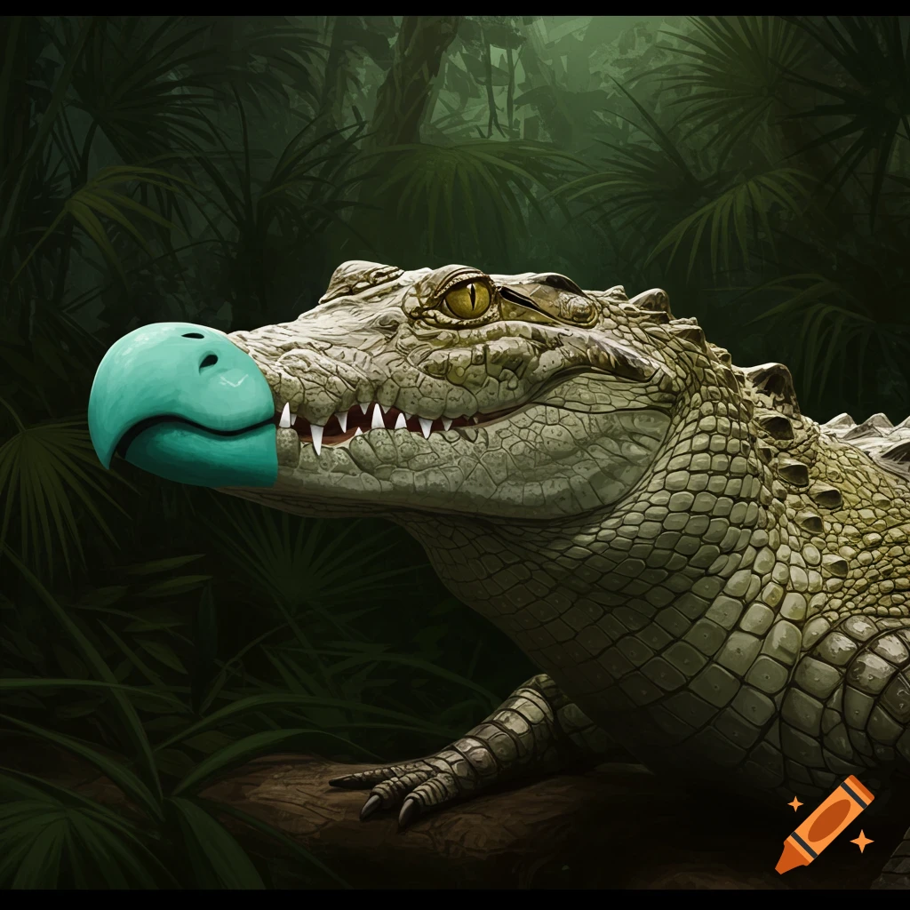Close-up of a crocodile with a blue beak in a dark jungle.