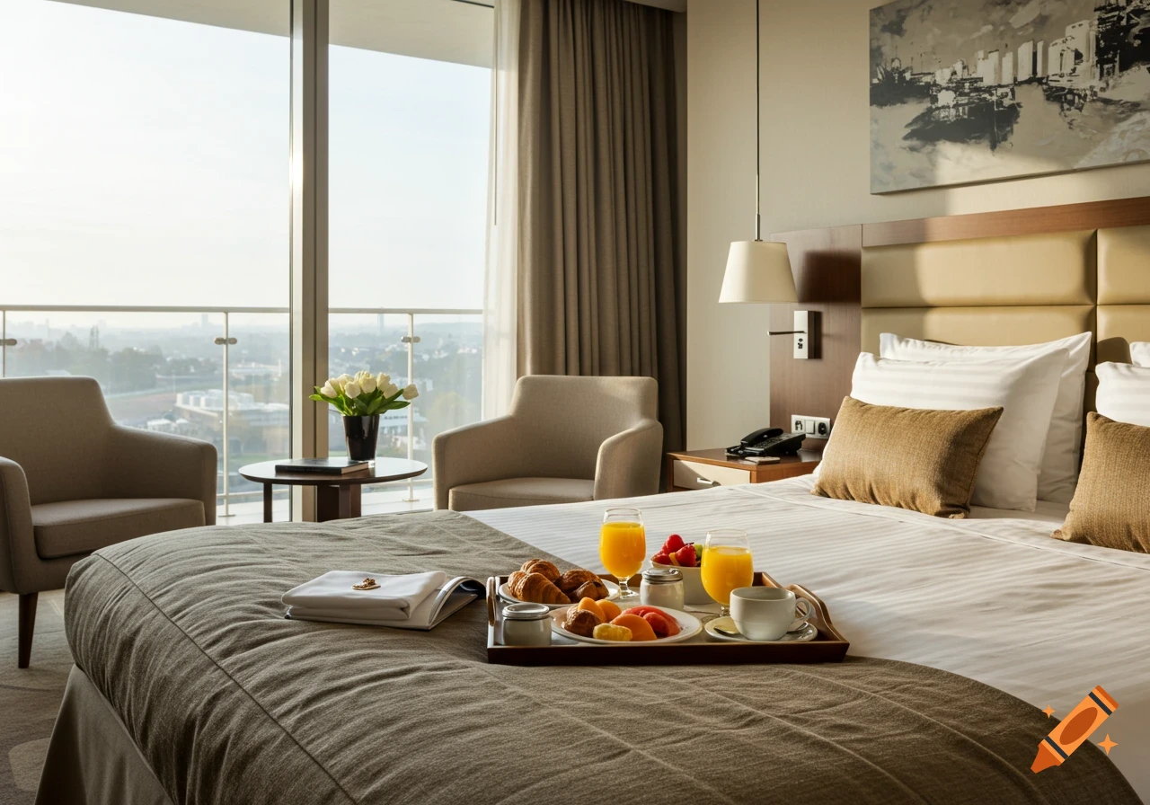 Breakfast tray on a bed in a luxurious hotel room with a city view.