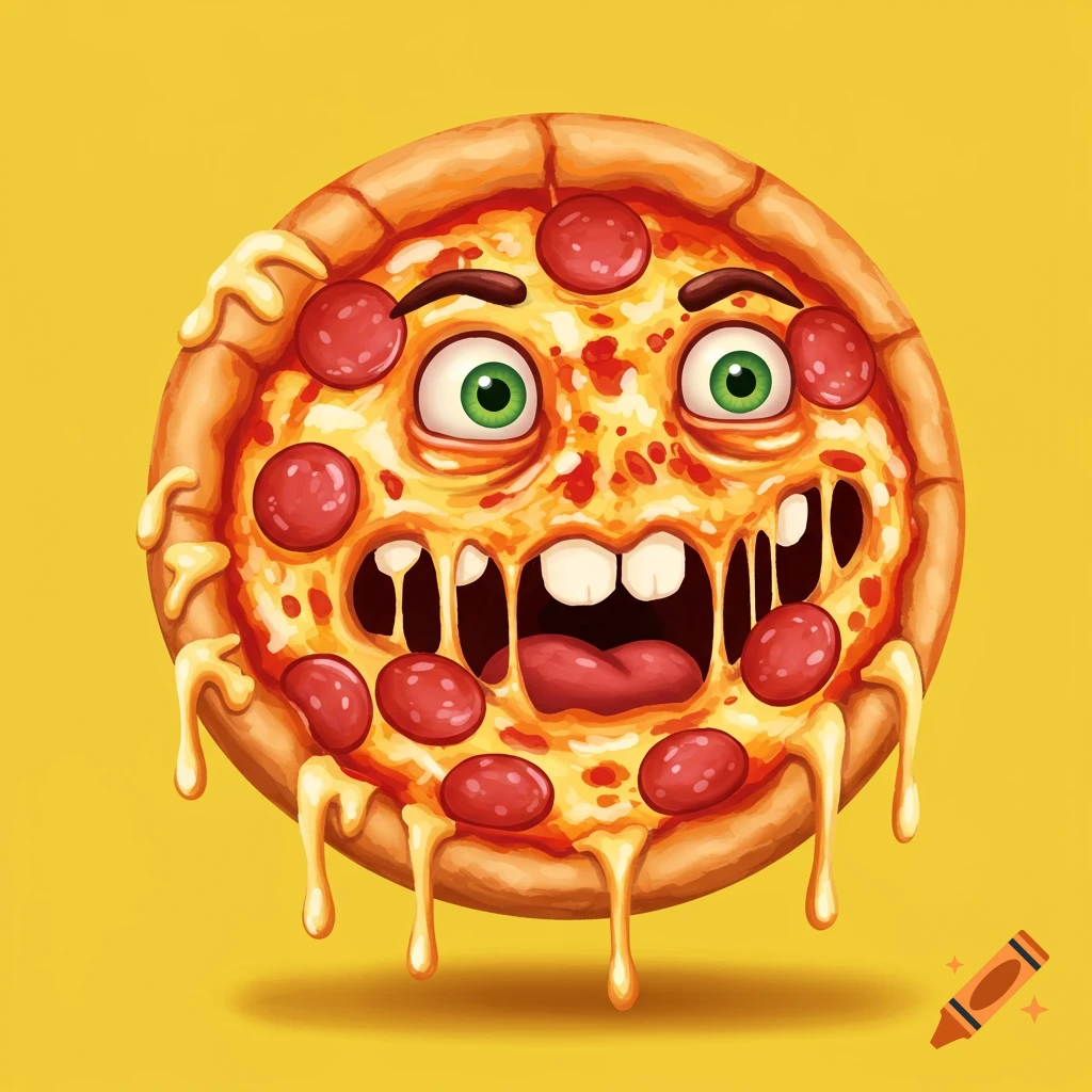 Funny cartoon pizza with a face on a yellow background.