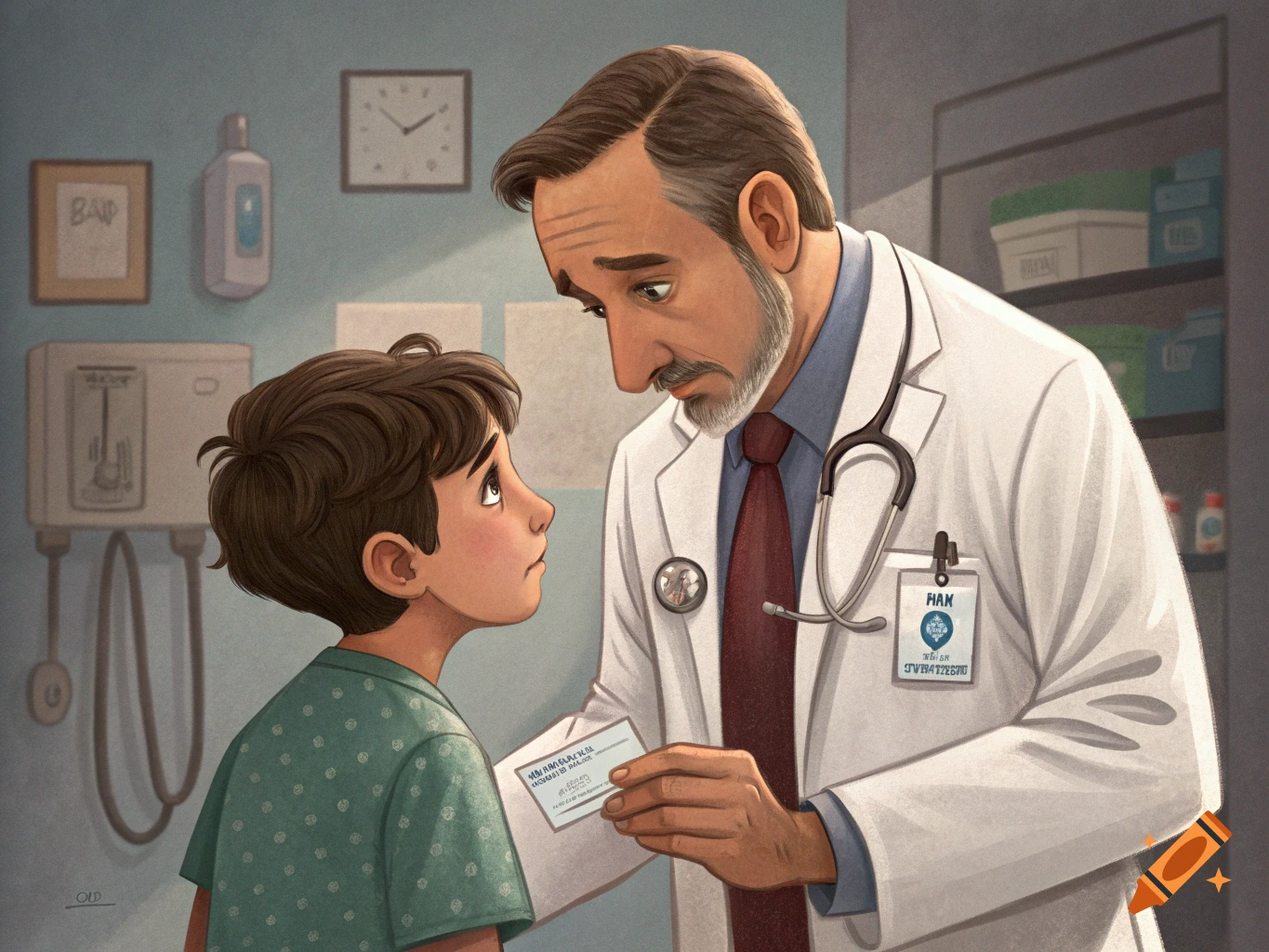 An illustration shows a concerned doctor speaking with a young boy in a clinic.