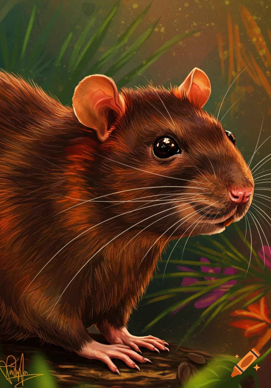 Realistic illustration of a brown rat sitting on a branch in foliage.