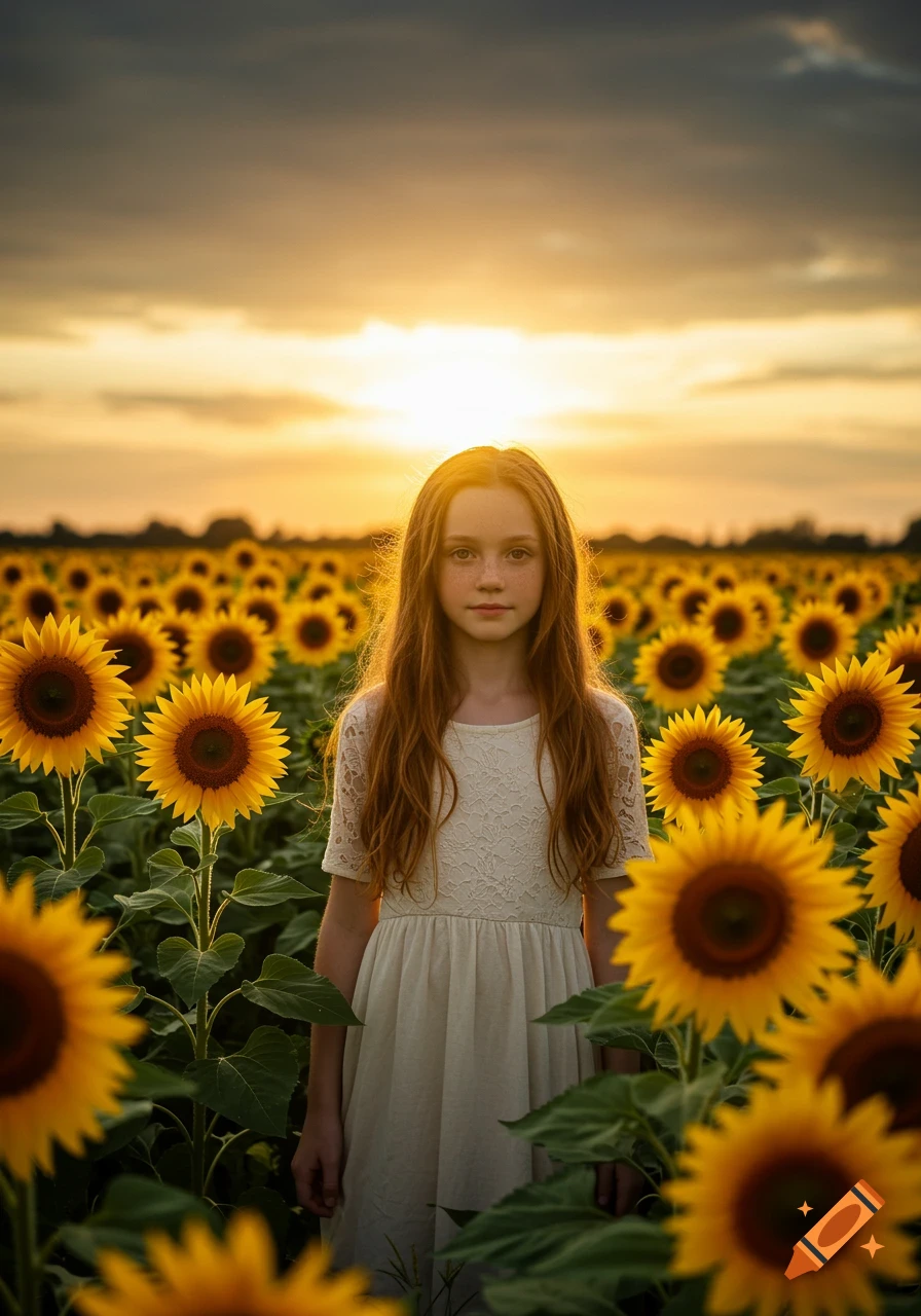 A young girl stands in a field of sunflowers at sunset.