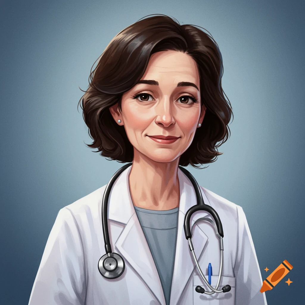 Stylized portrait of a female doctor wearing a white coat and stethoscope
