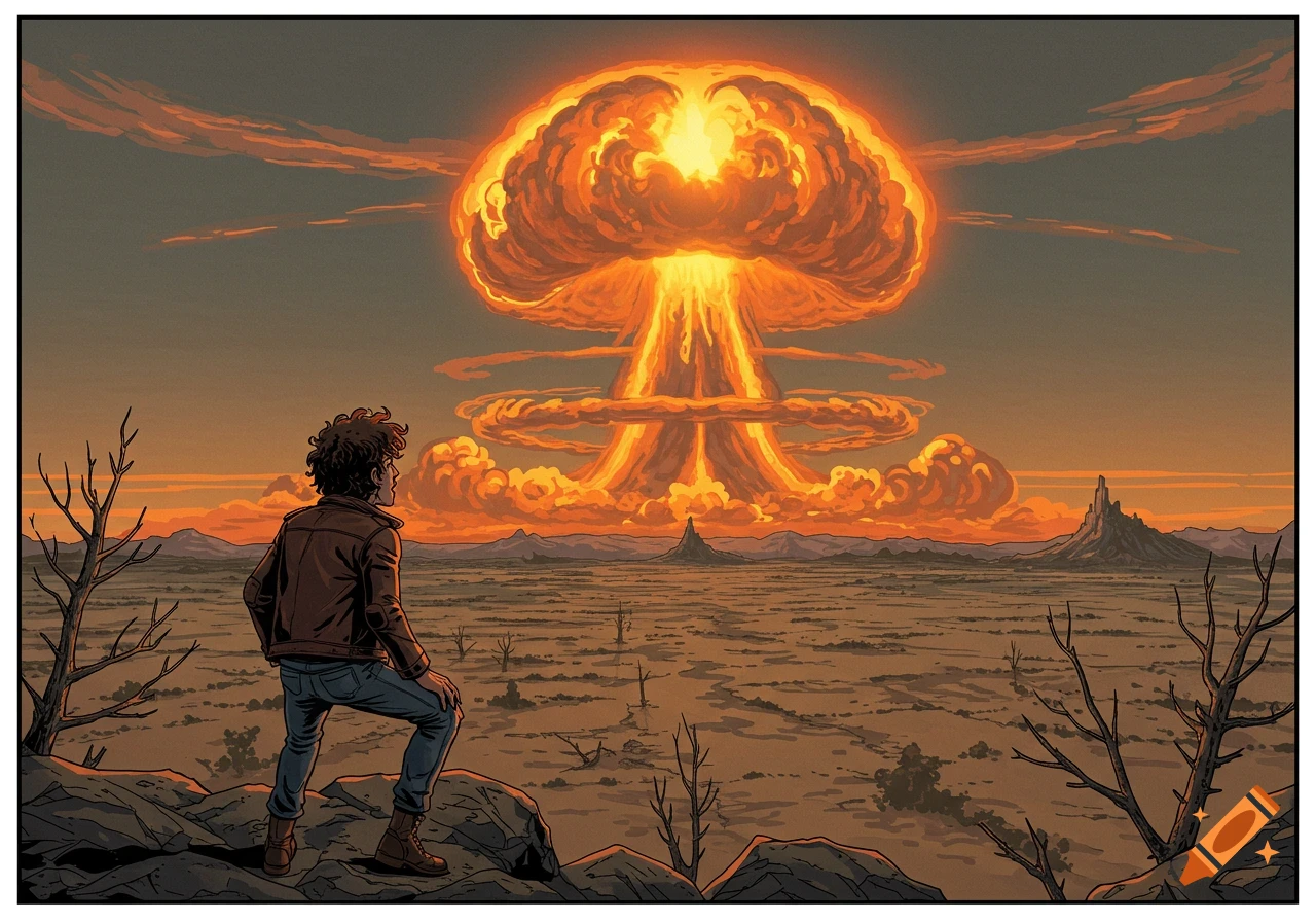 Illustration of a person watching a large mushroom cloud explosion from a hilltop.