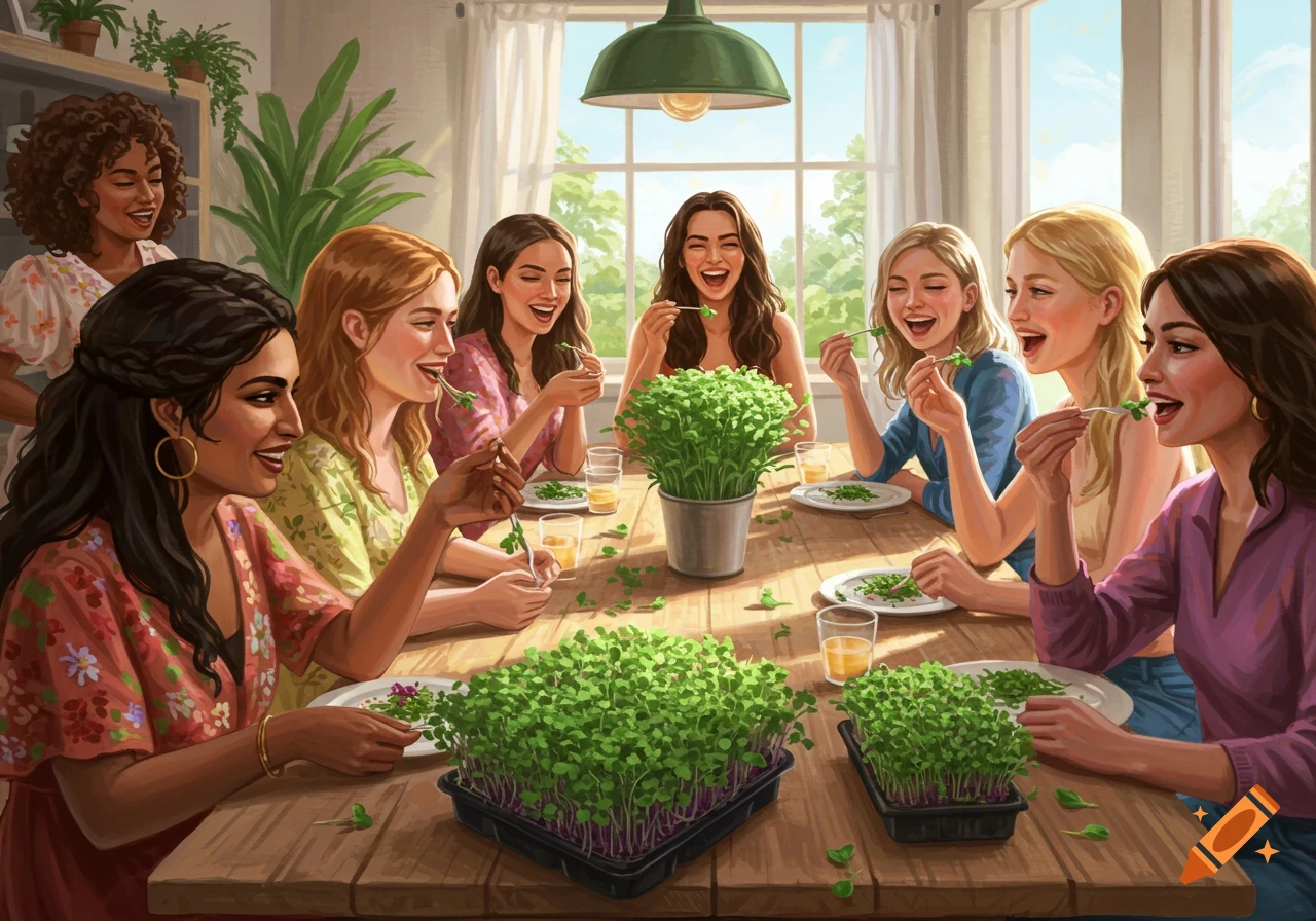 A group of women sitting around a table eating microgreens from forks.