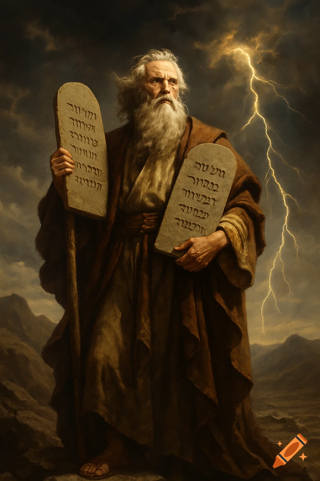 Realistic painting of Moses holding tablets and staff on a stormy mountain with lightning.