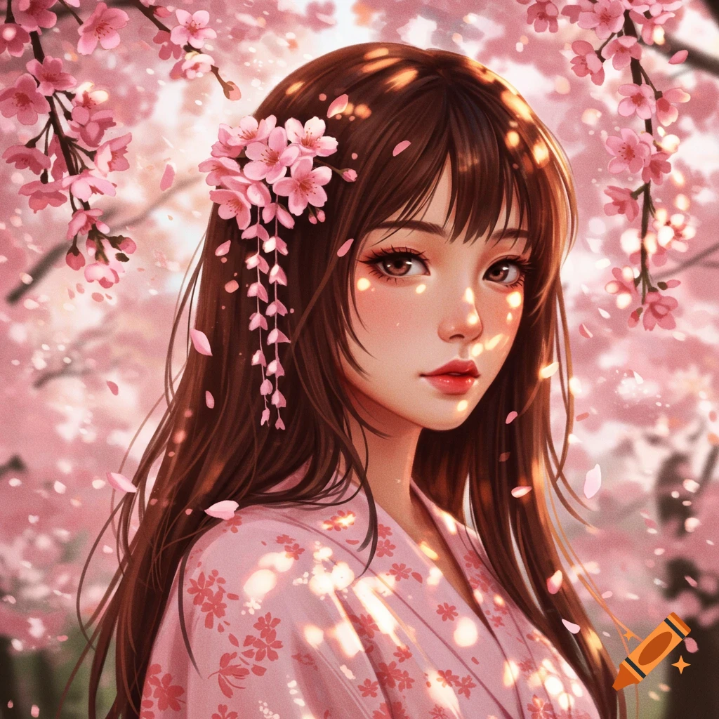 Anime girl with flowers in her hair, surrounded by pink cherry blossoms. Detailed illustration.