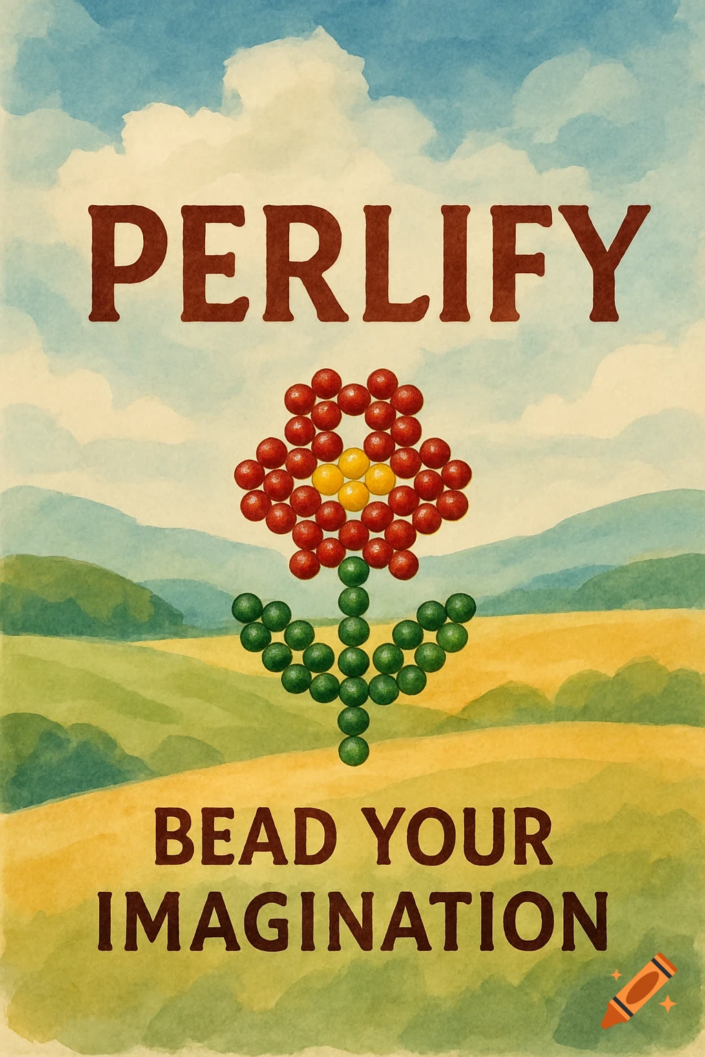 A poster featuring text and a flower made of beads over a watercolor landscape.