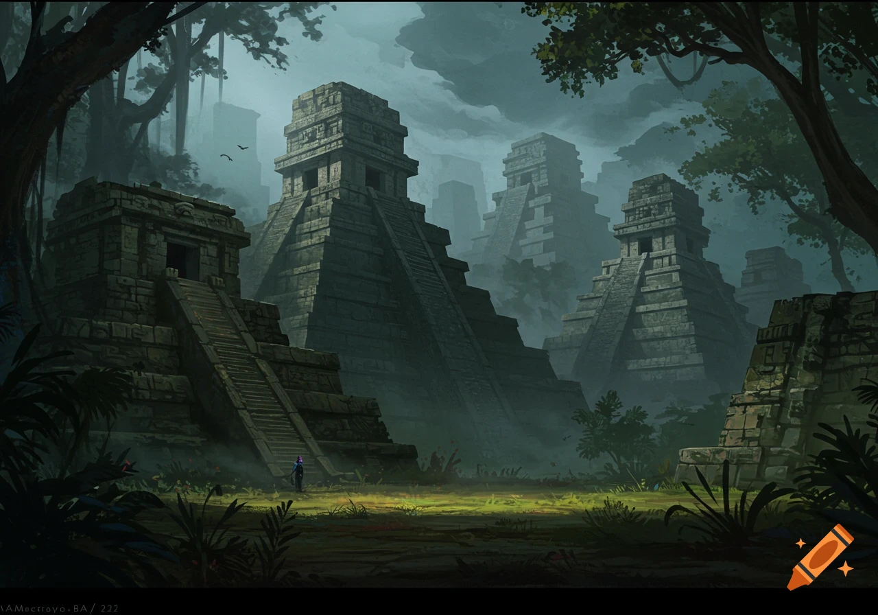 Atmospheric illustration of ancient stone pyramids in a misty jungle landscape with a small figure.