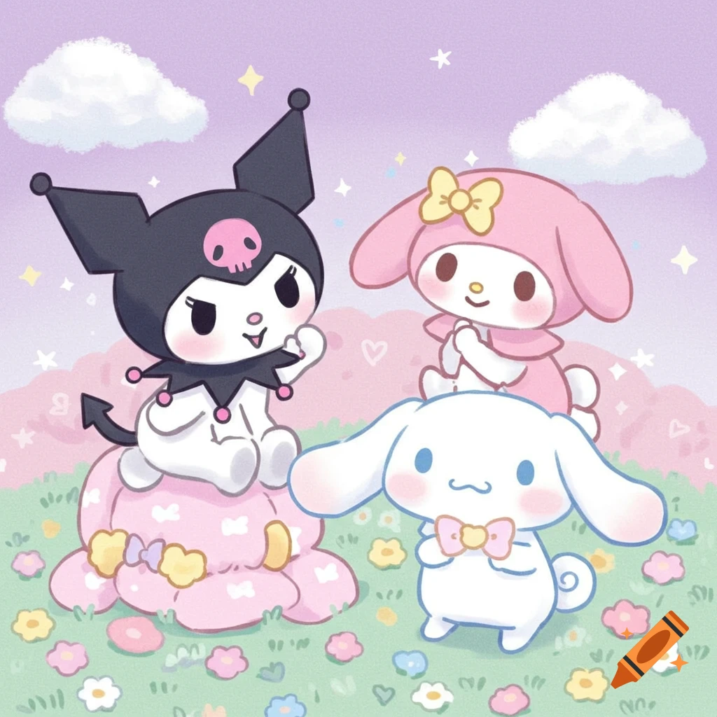 Kuromi, My Melody, and Cinnamoroll characters sit in a pastel garden scene with flowers.