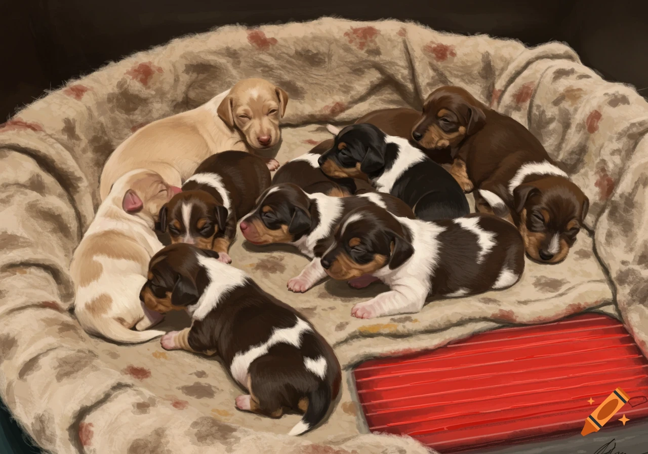 Multiple newborn puppies sleeping together in a soft blanket, digital painting.