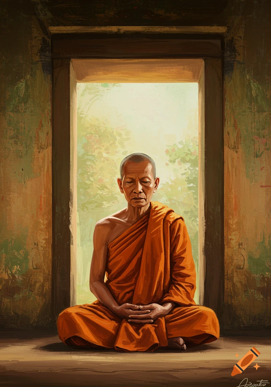A painting of a meditating Buddhist monk in orange robes sitting in a doorway.