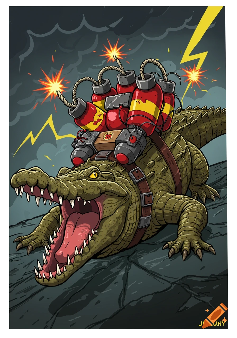 Cartoon illustration of a crocodile with bombs strapped to its back and mouth open.