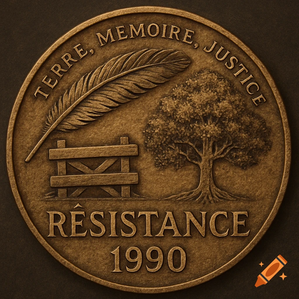 Bronze coin with feather, fence, tree, and text 'TERRE, MEMOIRE, JUSTICE', 'RÉSISTANCE', '1990'.