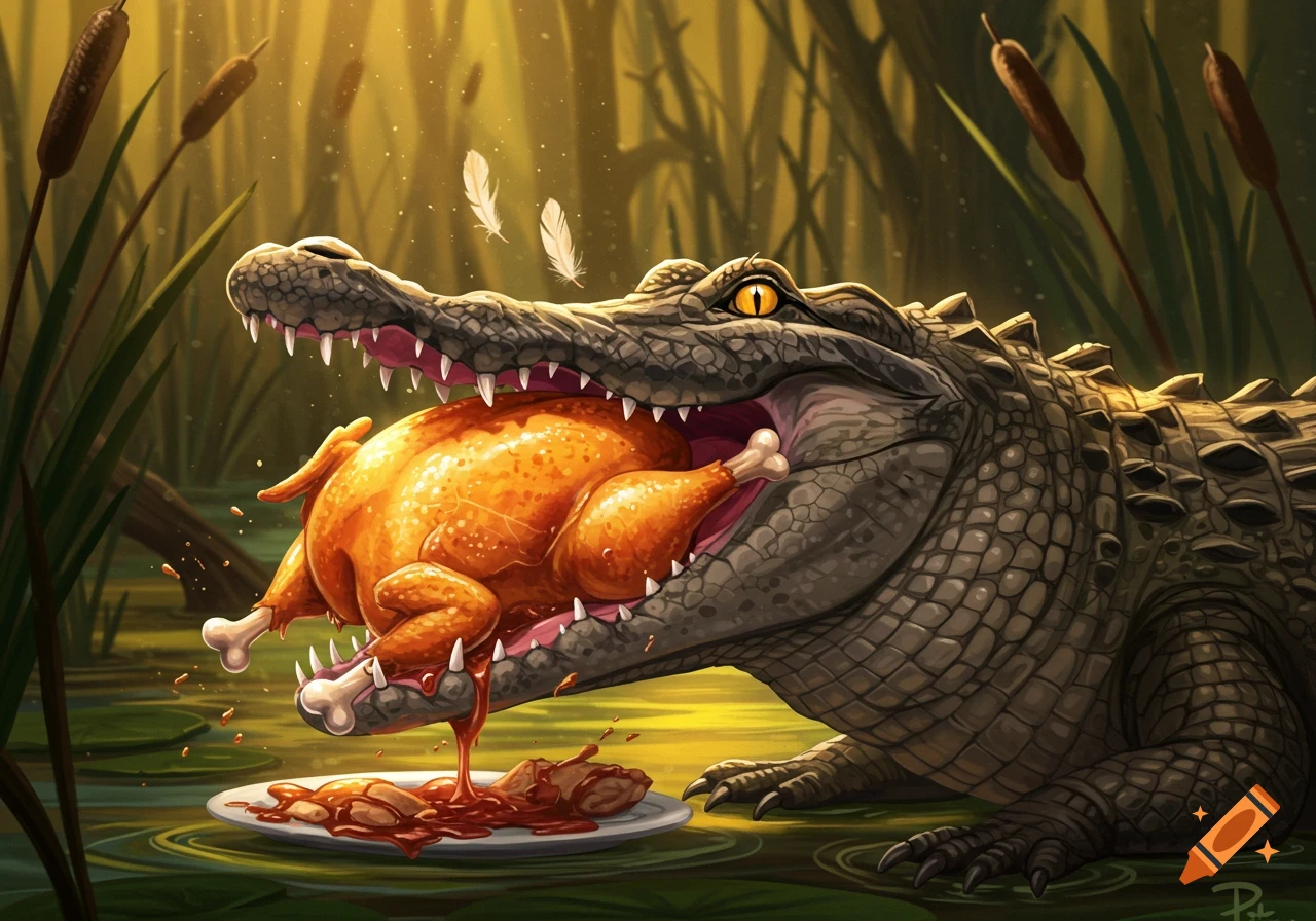 Illustration of an alligator eating a roasted chicken in a swamp.