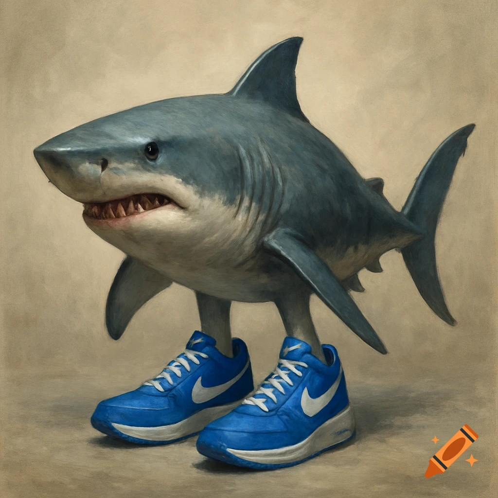 A shark stands upright wearing blue Nike sneakers in a painterly style.