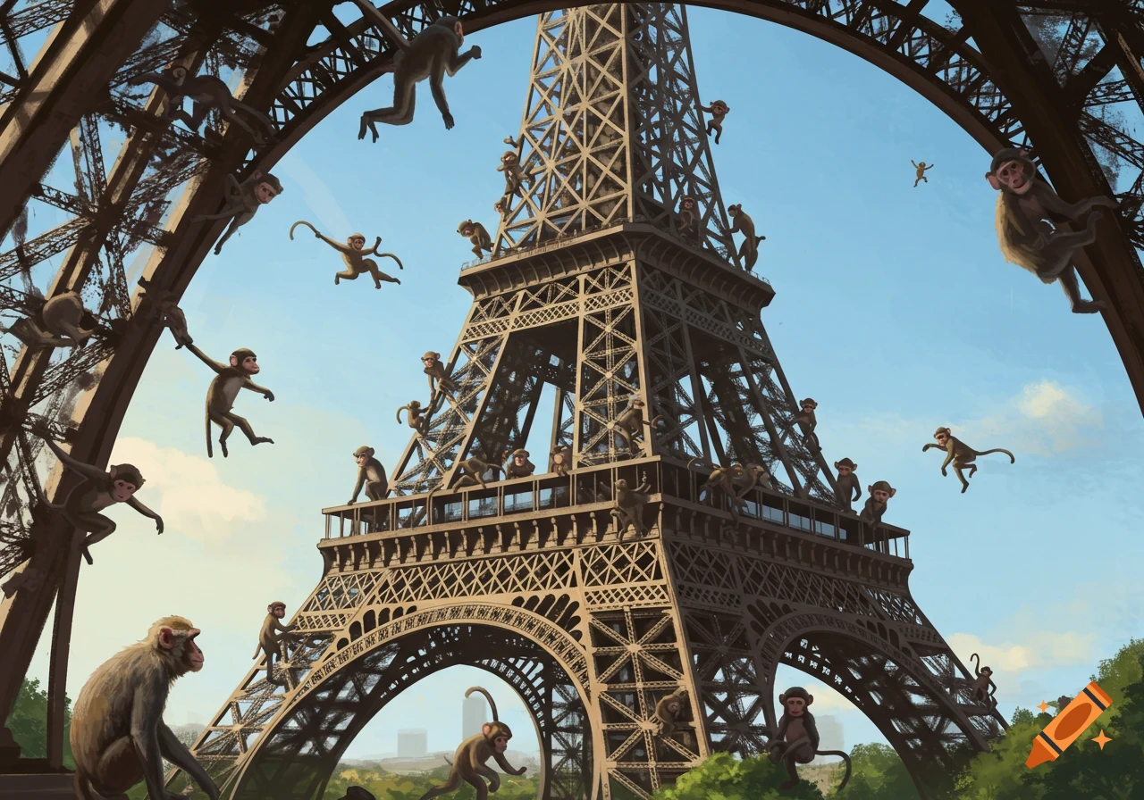 Monkeys climb and swing across the Eiffel Tower against a blue sky.