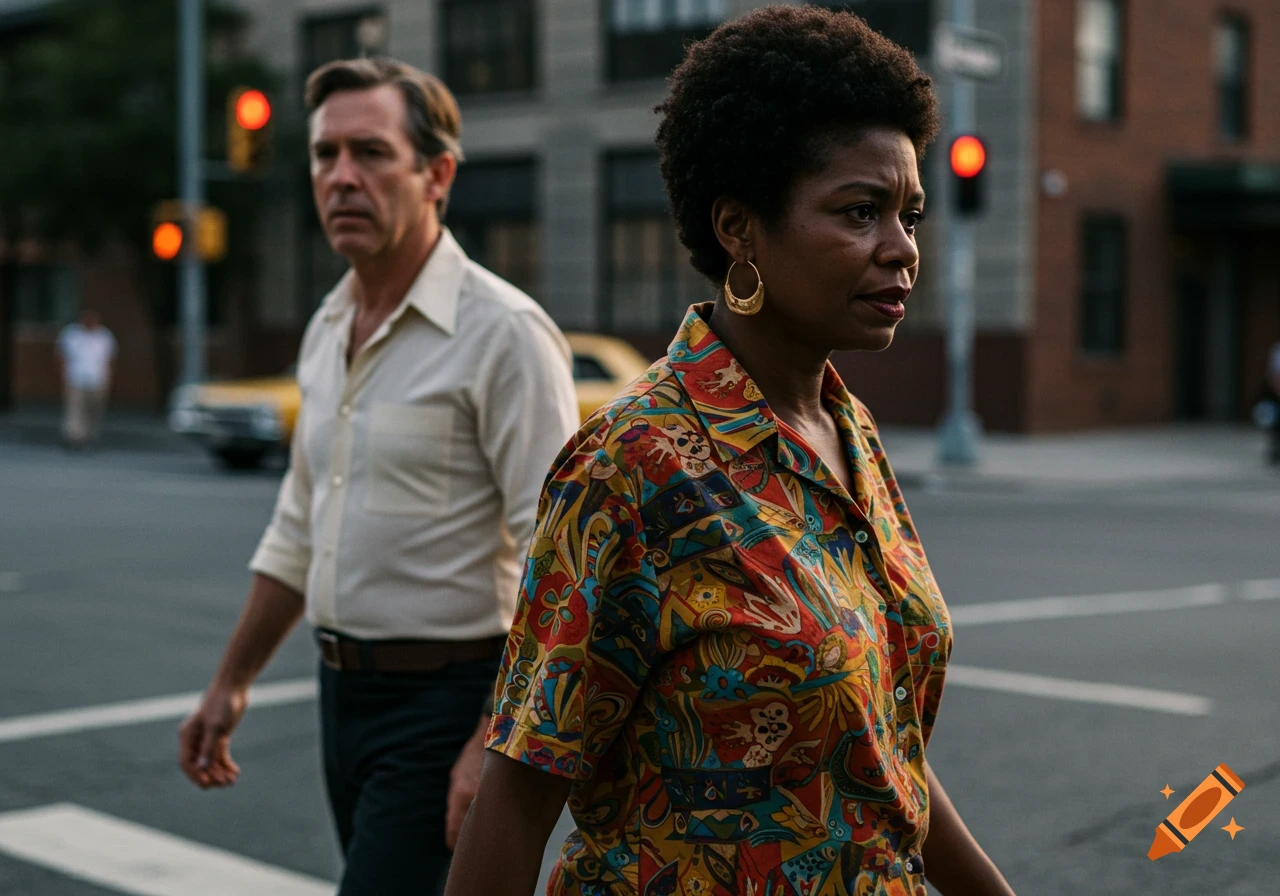 A man and woman walk down a city street in the 1970s.