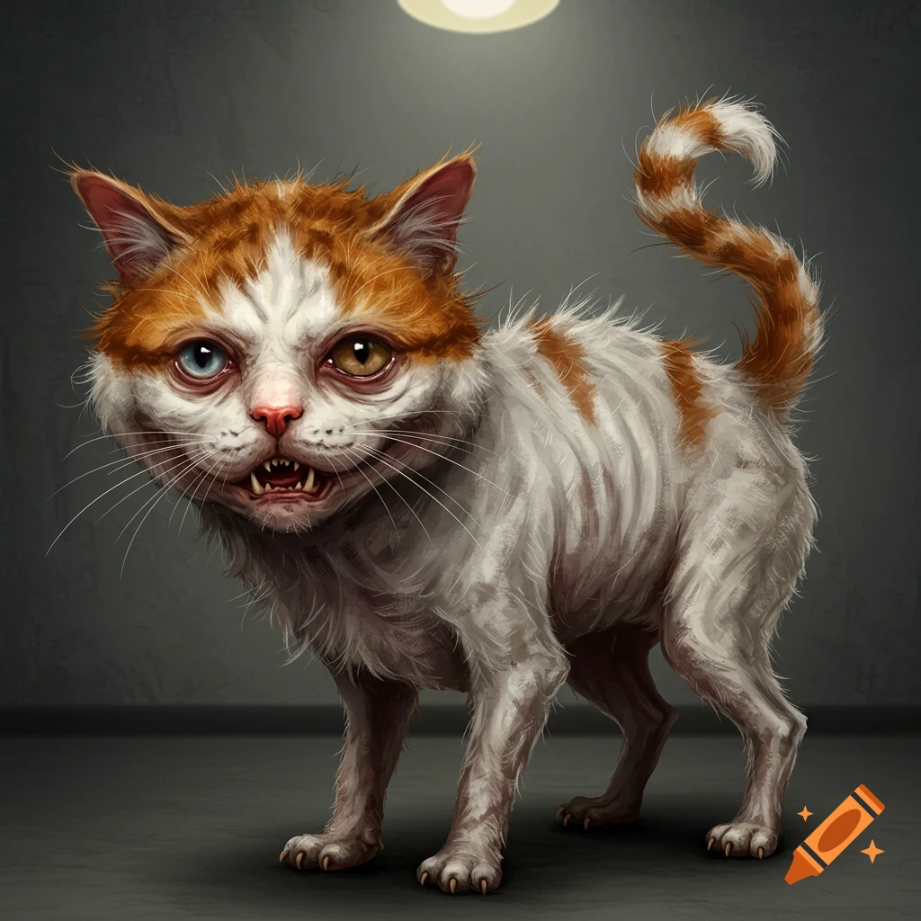 An ugly, creepy-looking cat with mismatched eyes and sharp teeth.