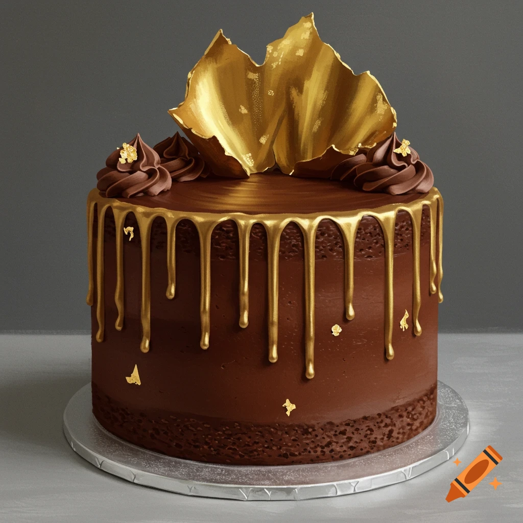 Chocolate cake with gold drip frosting and gold leaf decoration
