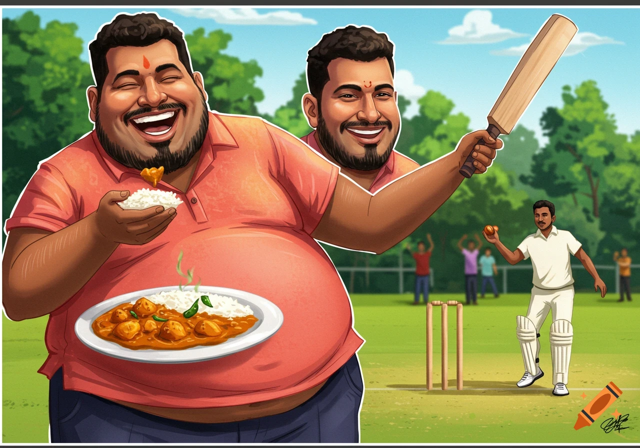 Cartoon illustration of a large man eating curry and rice, with a man playing cricket in the background.