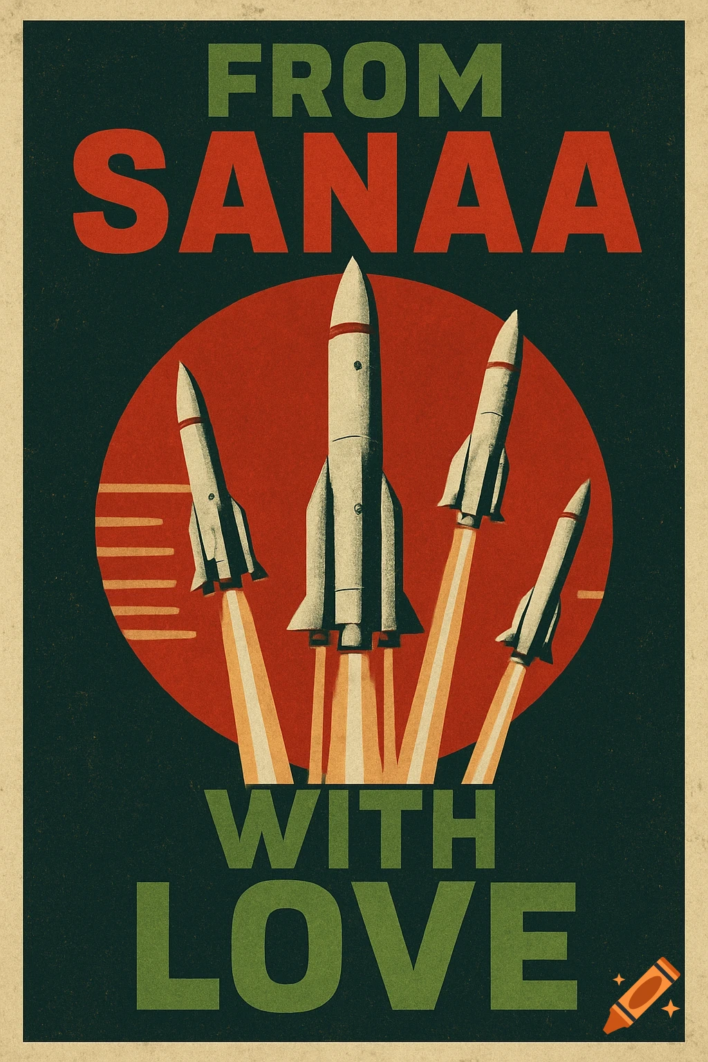 Retro poster with rockets launching, text reads 'FROM SANAA WITH LOVE'