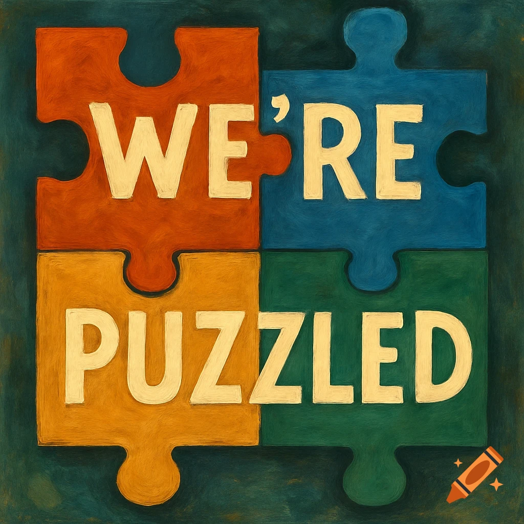 Four colored puzzle pieces with 'WE'RE PUZZLED' text in a painterly style.