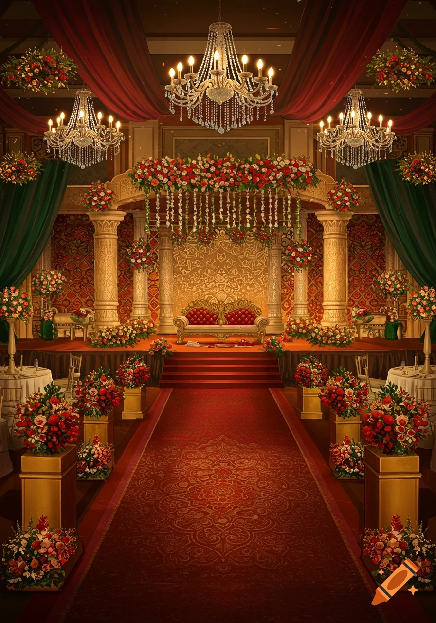 Ornate Indian wedding hall interior with floral decorations, chandeliers, red carpet, and seating for the couple.