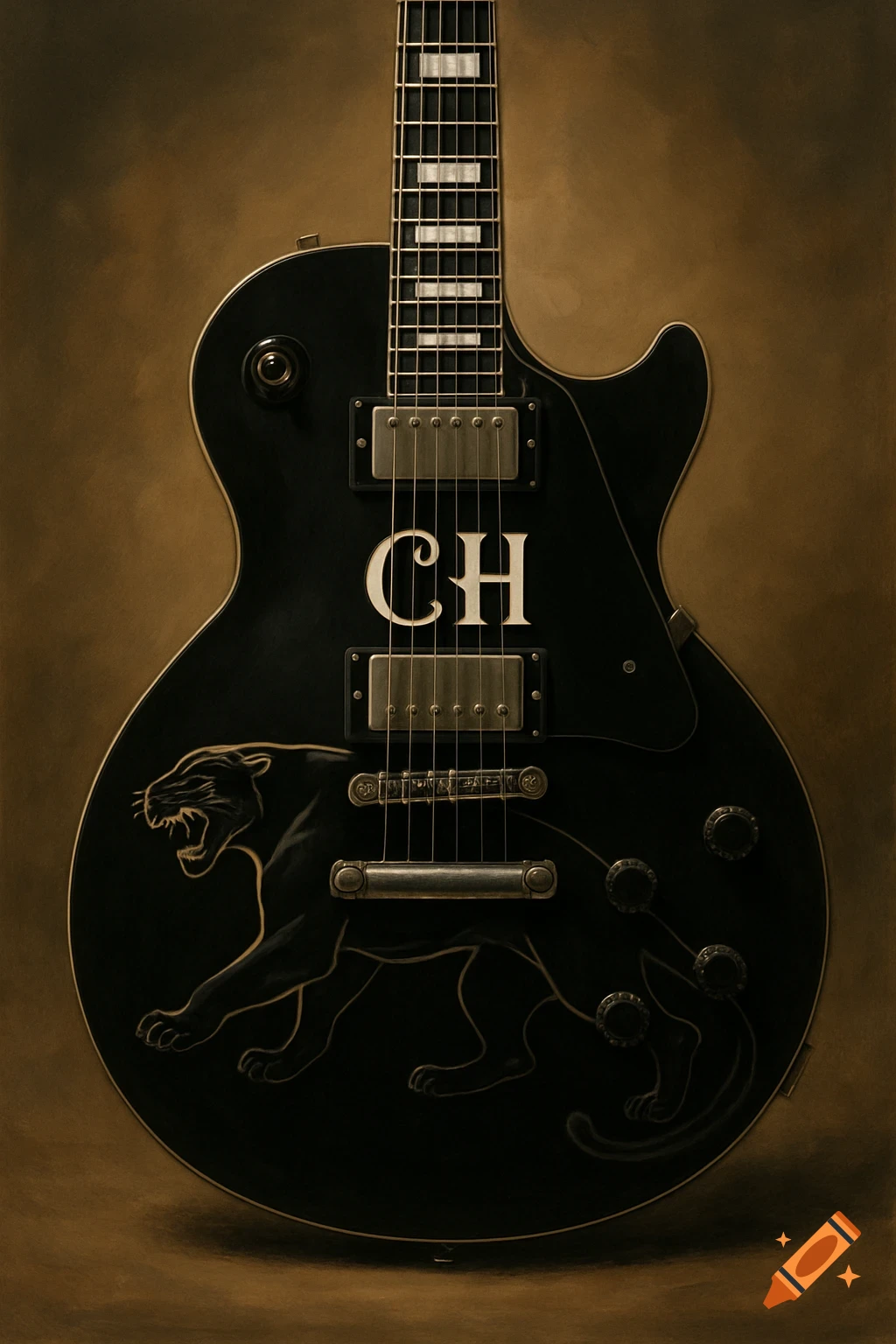 A black guitar with CH initials and a black panther decal.
