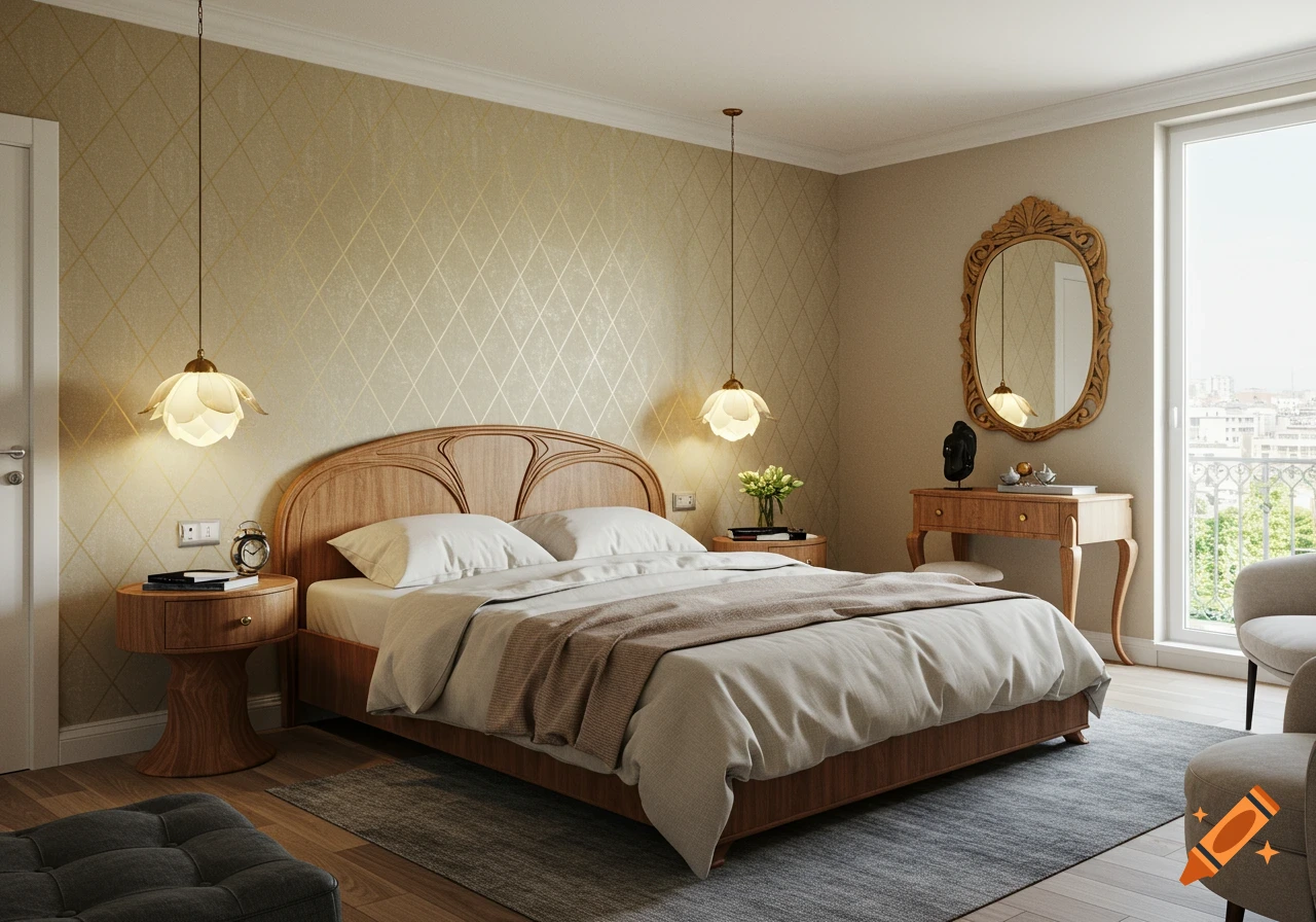 An elegant Art Nouveau bedroom with gold geometric wallpaper, a wooden bed, flower-shaped lamps, and a carved mirror.