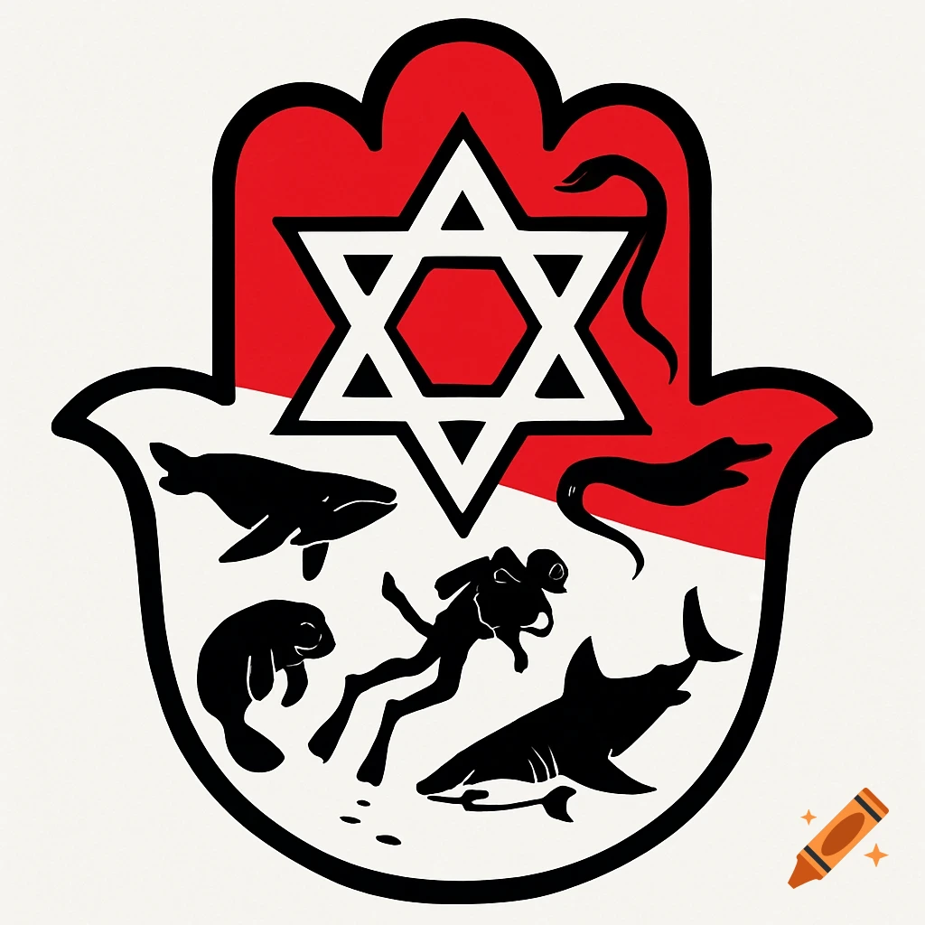 A graphic logo in the shape of a Hamsa hand with a Star of David, marine life, and a scuba diver inside.
