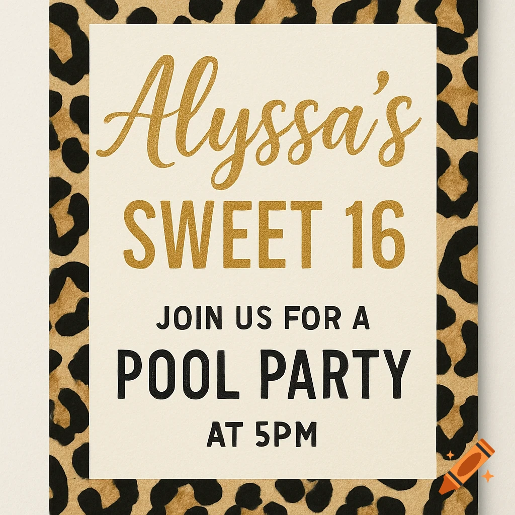 A birthday invitation with a leopard print border and gold text that reads "Alyssa's Sweet 16".
