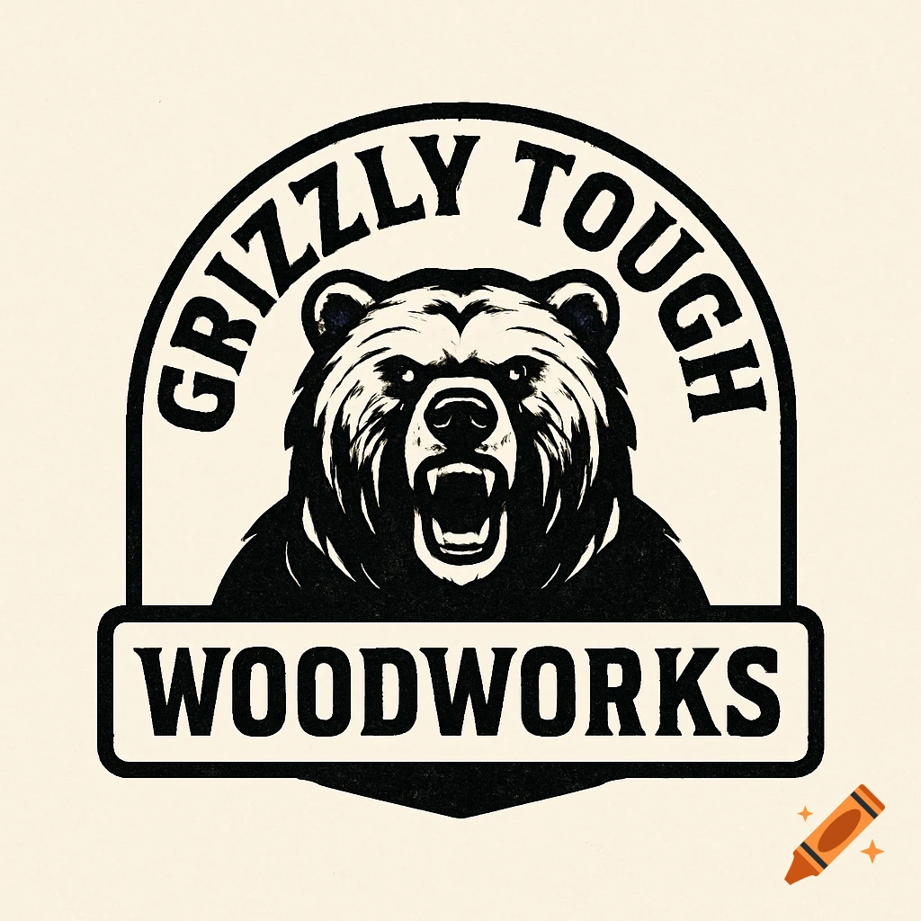 Black and white logo featuring an angry bear head with the text 'GRIZZLY TOUGH' above it and 'WOODWORKS' below it.