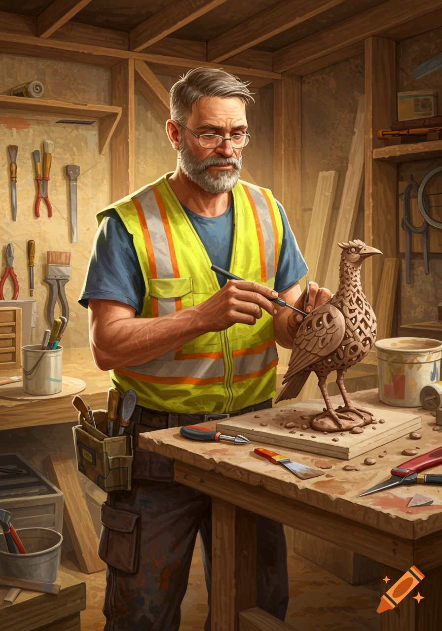 A man in a workshop carves a bird sculpture from wood.