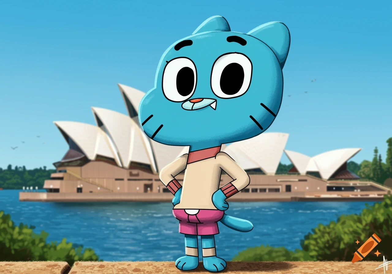 Cartoon character Gumball Watterson stands in front of the Sydney Opera House.