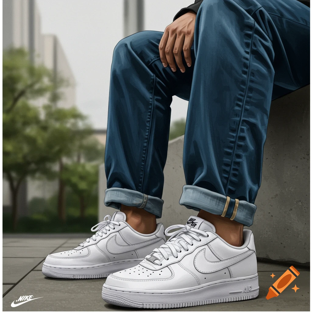 Close-up illustration of a person wearing white Nike Air Force 1 shoes and blue jeans.