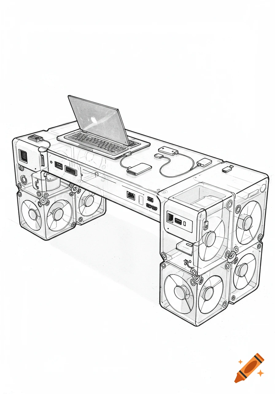 Line drawing of a transparent desk made from cube-like legs with a laptop and electronics.