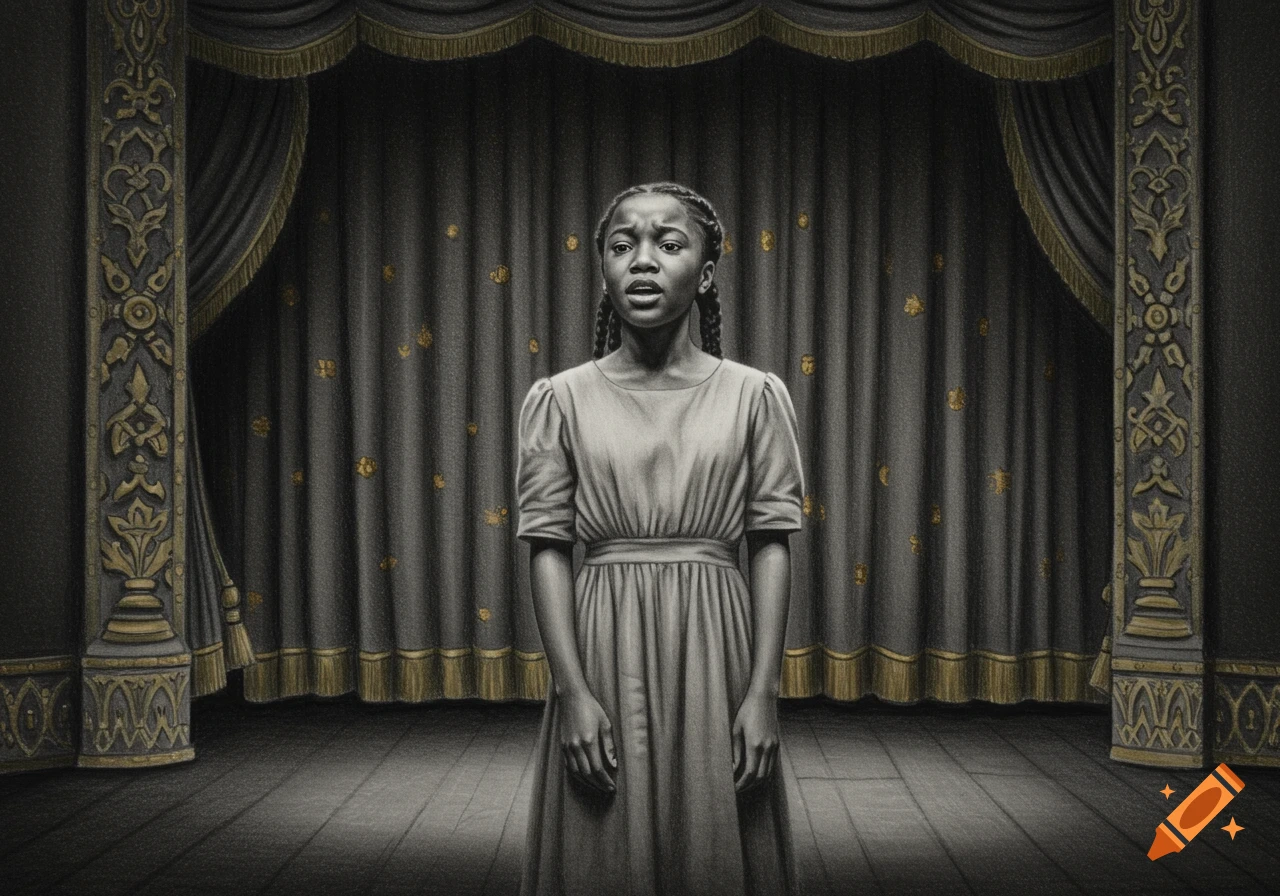 A graphite pencil drawing of a young black girl standing on a theatre stage.