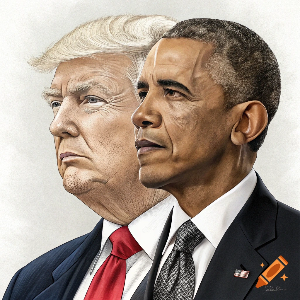 Illustration blending portraits of Donald Trump and Barack Obama.