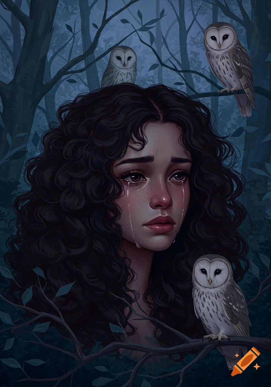A digital painting of a crying woman surrounded by owls in a dark forest.